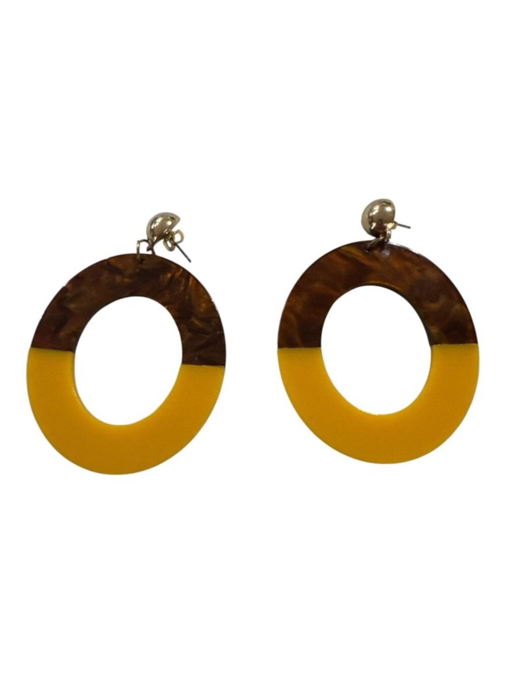Yellow & Brown Two-Tone Resin Hoop Earrings With Gold Stud Backing 2-Inch Diamet